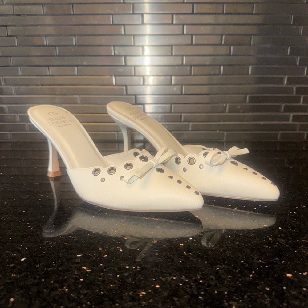 White Pointed Leather Mule Heels with Eyelet Bow Detail